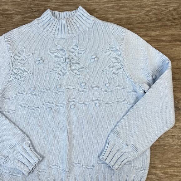 Vintage Croft and Barrow Blue Poinsetta Knitted Mock Neck Pullover Sweater (XL) - Picture 6 of 12